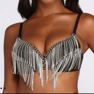 Festive rhinestone fringe black bra